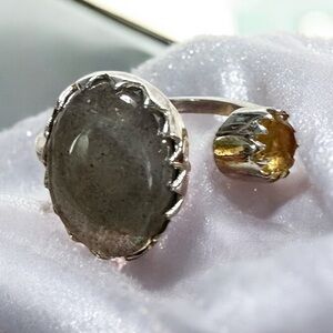 Labradorite & Citrine Sterling Silver Ring Size 8 to 10 Adjustable